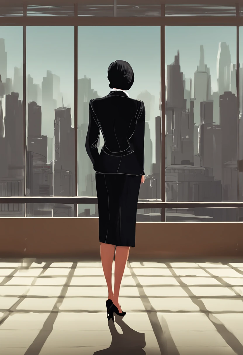 Short hair, white-collar workers，Long black suit，Black professional hip skirt，black lence stockings，Standing upright rear view