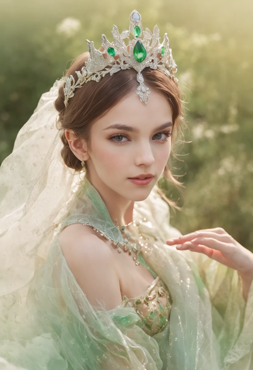 (Delicate watercolor style)The wonderland of elf princesses，Charming and colorful environment，Colorful flowers，Green grass，Soft sunlight shines on her slender figure，Dressed in a gorgeous dress，Complemented by brilliant gemstone jewelry，She floats gracefully in the air，The eyes reveal wisdom and innocence。