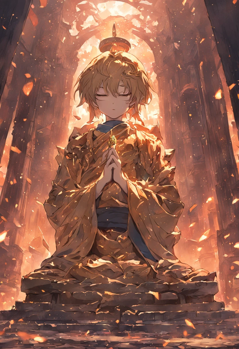 Dilapidated and desolate temples,Broken bronzed Buddha statue,Gold trimmed,Small temple,moss,A ray of sunshine