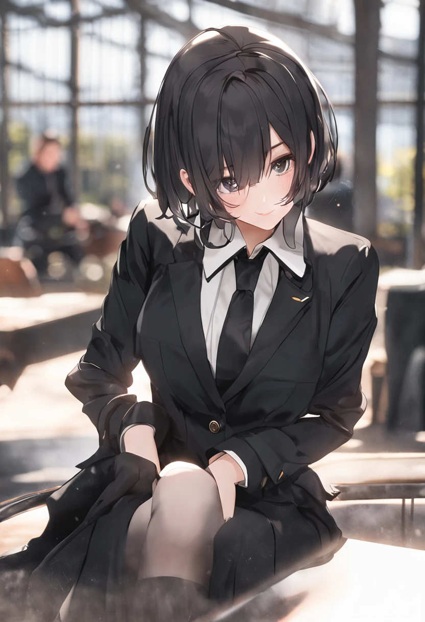 Short hair, white-collar workers,Long black suit,Black professional hip skirt,black lence stockings,Stand upright and look back