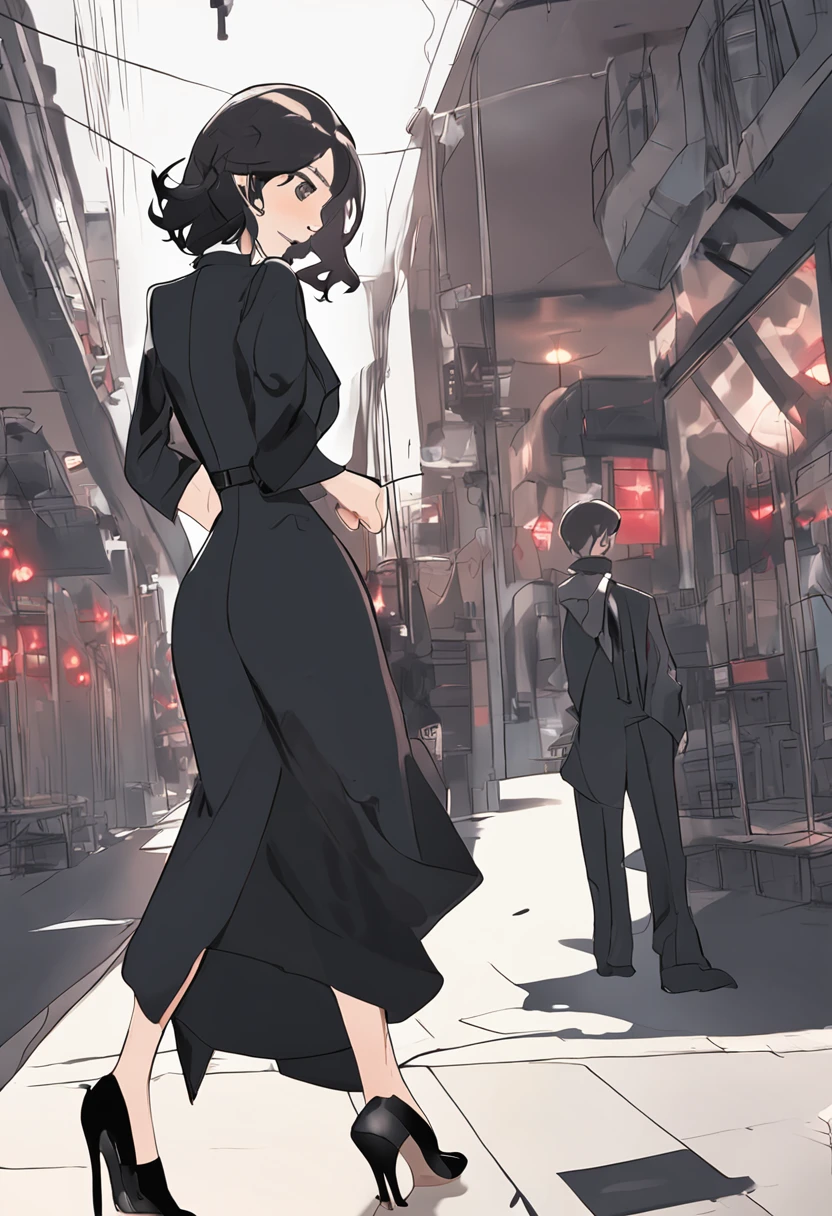 Short hair, white-collar workers,Long black suit,Black professional hip skirt,black lence stockings,Stand upright and look back