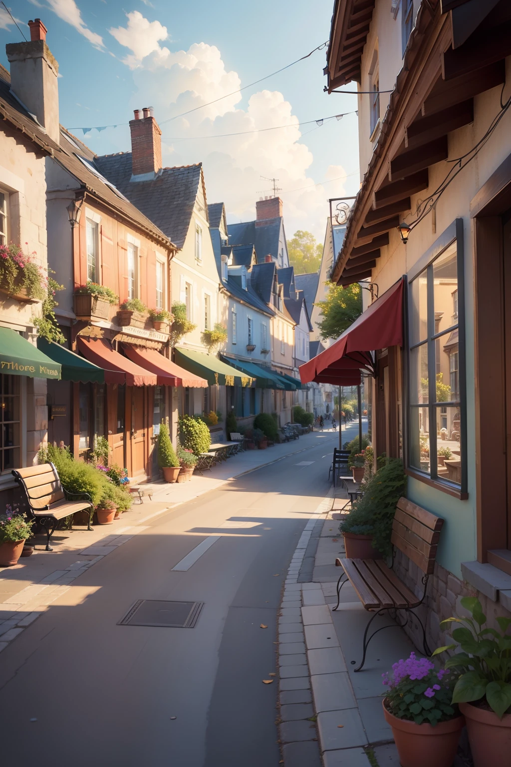 Street scene painted with cafes and benches, quaint village, Thomas Kinkade CFG _ Level 9, french village exterior, Thomas Kinkade CFG _ Scale 8, Inside the French village, tomas kinkade, author:Bernard DeAndrea, author:Arthur Penn, streetview, Pierre Roy, cottage town, countryside city scene, landscape artwork, view over city