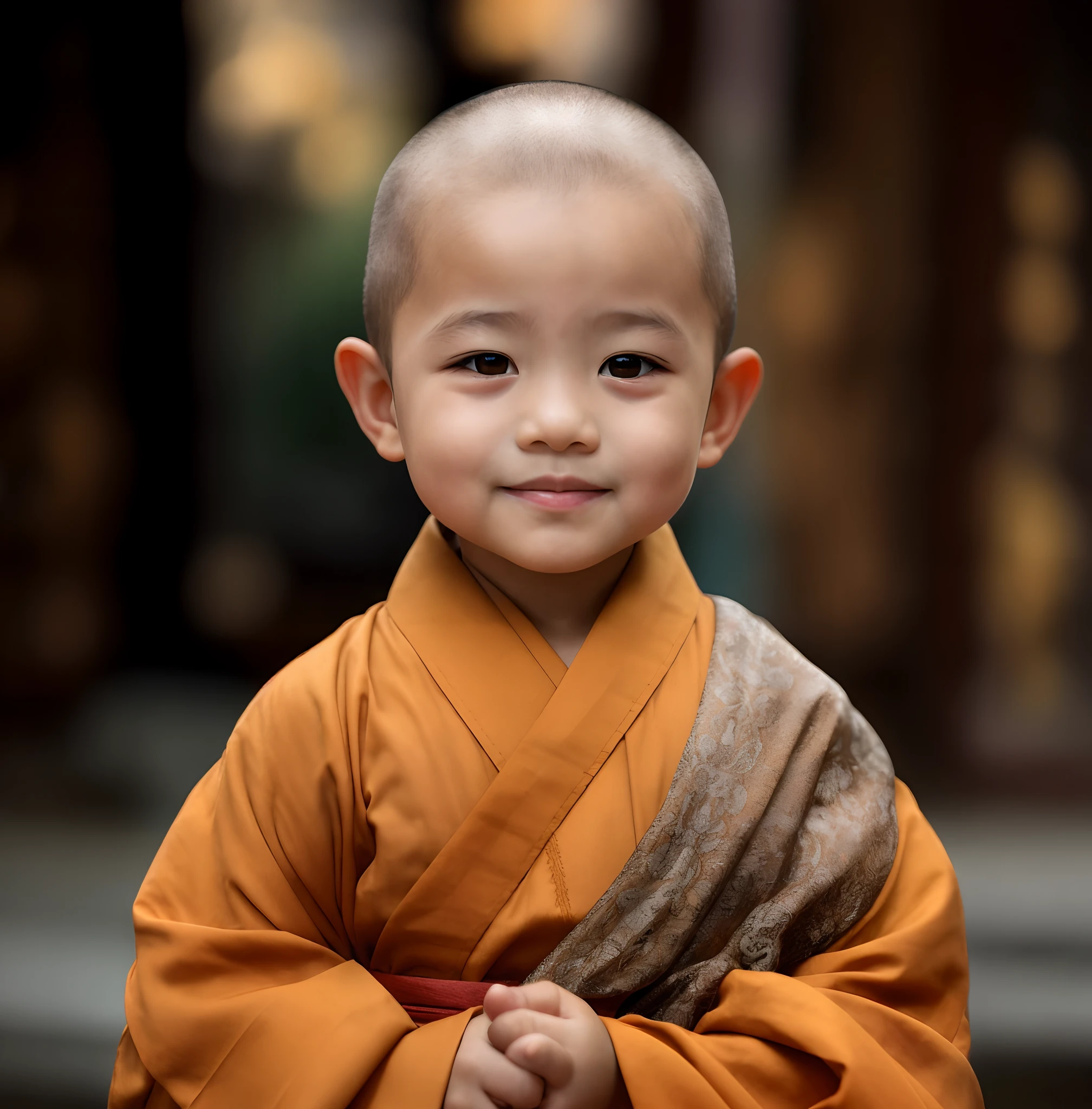 arafed in a robe standing in front of a building, buddhist monk, monk clothes, portrait of monk, wearing brown robes, monk, Serene expression, Buddhist, 2 1 st century monk, Portrait shooting, a serene smile, littlwearing nun outfit, peaceful expression, kid, close up portrait shot, ancient japanese monk, dressed in simple robes