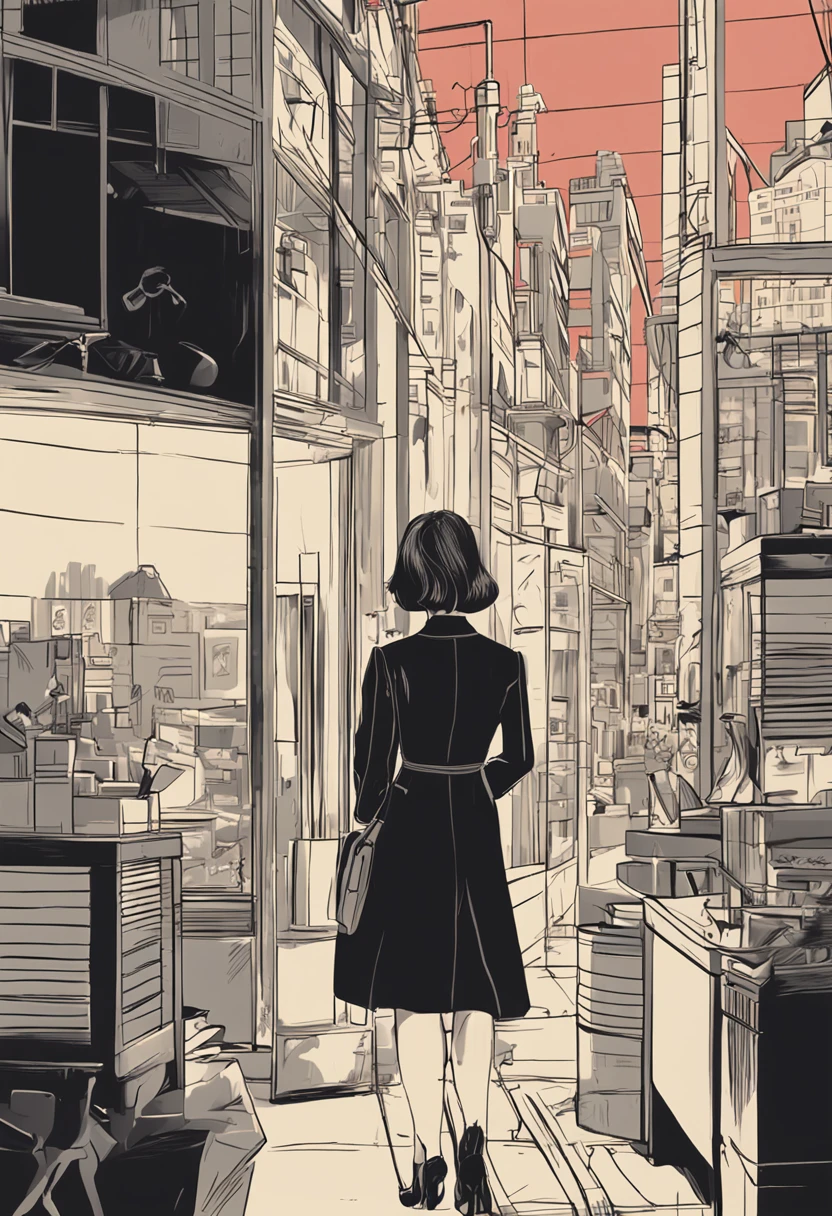 Short hair, white-collar workers，Long black suit，Black professional hip skirt，black lence stockings，Stand upright and look back