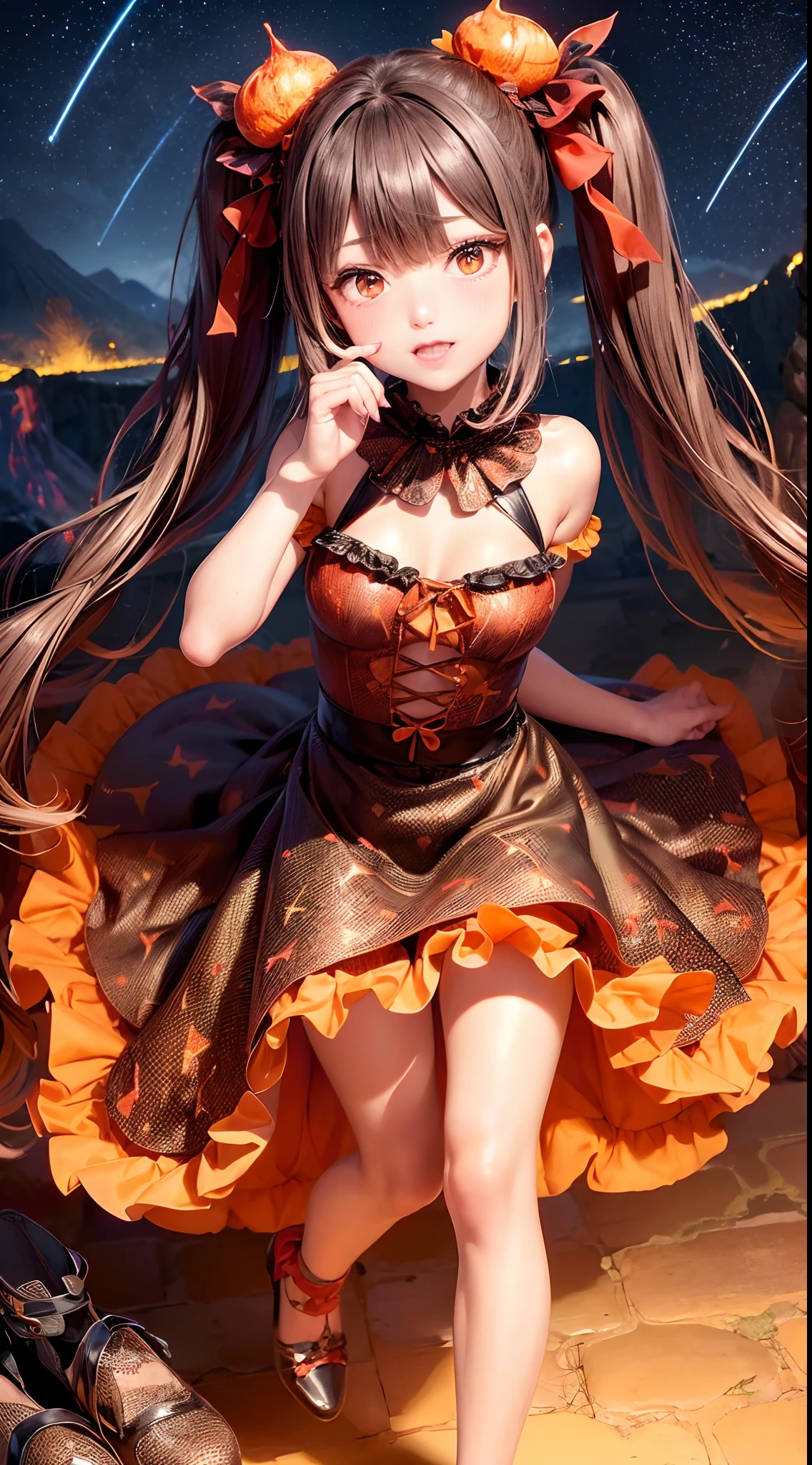 (fullbody, legs and shoes visible: 1.2)) expressive eyes, woman, pale skin, long hair, windblown hair, ((long hair)), long sidelocks, hime bangs, hair fringe, hair bun, ((long twintails)), flaming hair, red hair, blushing, full face blushing, big sparkling glowing red eyes, (gradient eyes), open mouth smile, cute pose,
flowy flaming dress, ((dark multicolored open dress)), (floating fire), orange ruffles, yellow frills, (light red lace), detached short sleeves, puffy skirt, ((fire and stars print skirt : 1.3)), lolita skirt, dark red bows, ((pompon ribbons hair ornament : 1.4)), multiple bows, striped lace stockings, (heart shaped leg garter), cute (dark orange) shoes ((hyperdetailed clothing and fashion)) looking at you, vintage girl, blushing, (beautiful detailed eyes), (extremely detailed CG unity 8k wallpaper) (best shadow), ((an extremely delicate and beautiful)), (detailed light), ((depth of field)) big head, big sparkling eyes, moe, splash art, cinematic lighting, frontal view, volumetric lighting maximalist photo illustration 64k resolution high res intricately detailed complex key visual precise linear
((in the dark lava volcano background, surrounded by smoking hot lava, shooting stars, volcano)) ((hyperdetailed scenery, foggy, darkness : 1.3))