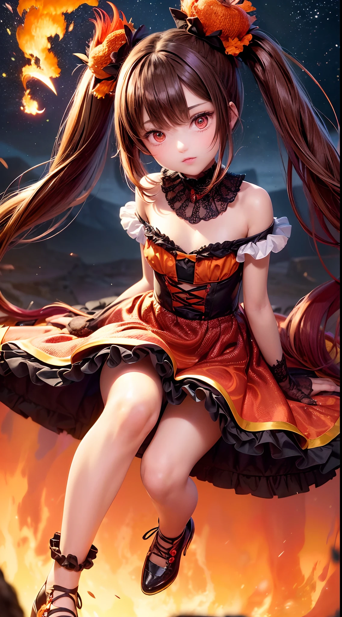 (fullbody, legs and shoes visible: 1.2)) expressive eyes, woman, pale skin, long hair, windblown hair, ((long hair)), long sidelocks, hime bangs, hair fringe, hair bun, ((long twintails)), flaming hair, red hair, blushing, full face blushing, big sparkling glowing red eyes, (gradient eyes), open mouth smile, cute pose,
flowy flaming dress, ((dark multicolored open dress)), (floating fire), orange ruffles, yellow frills, (light red lace), detached short sleeves, puffy skirt, ((fire and stars print skirt : 1.3)), lolita skirt, dark red bows, ((pompon ribbons hair ornament : 1.4)), multiple bows, striped lace stockings, (heart shaped leg garter), cute (dark orange) shoes ((hyperdetailed clothing and fashion)) looking at you, vintage girl, blushing, (beautiful detailed eyes), (extremely detailed CG unity 8k wallpaper) (best shadow), ((an extremely delicate and beautiful)), (detailed light), ((depth of field)) big head, big sparkling eyes, moe, splash art, cinematic lighting, frontal view, volumetric lighting maximalist photo illustration 64k resolution high res intricately detailed complex key visual precise linear
((in the dark lava volcano background, surrounded by smoking hot lava, shooting stars, volcano)) ((hyperdetailed scenery, foggy, darkness : 1.3))