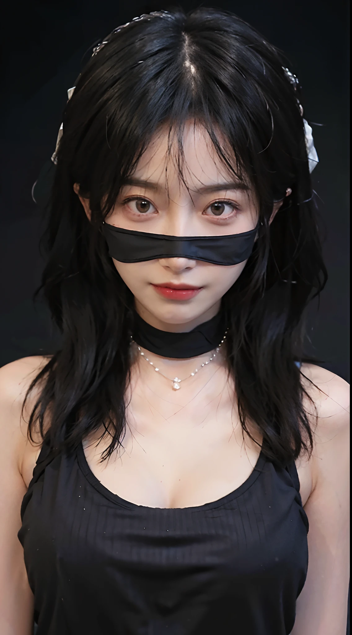 best qualtiy, 超高分辨率, (realisticlying:1.4),Baoyu Girl,1girll, with long coiled hair,Bring a black mask,Looking into the distance,Hazy beauty,nedium breasts,cute clothing,a sense of atmosphere,Beautiful woman with a slim figure:1.4, Ultra-fine face,Elaborate Eyes,二重まぶた,choker necklace