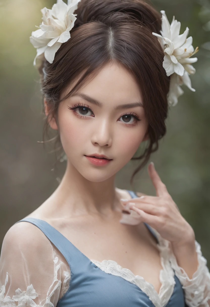 Japanese style，Small but firm chest，Perfect beautiful face，Wearing a blue gymnastics suit，white stockings，Fell and his clothes were torn
