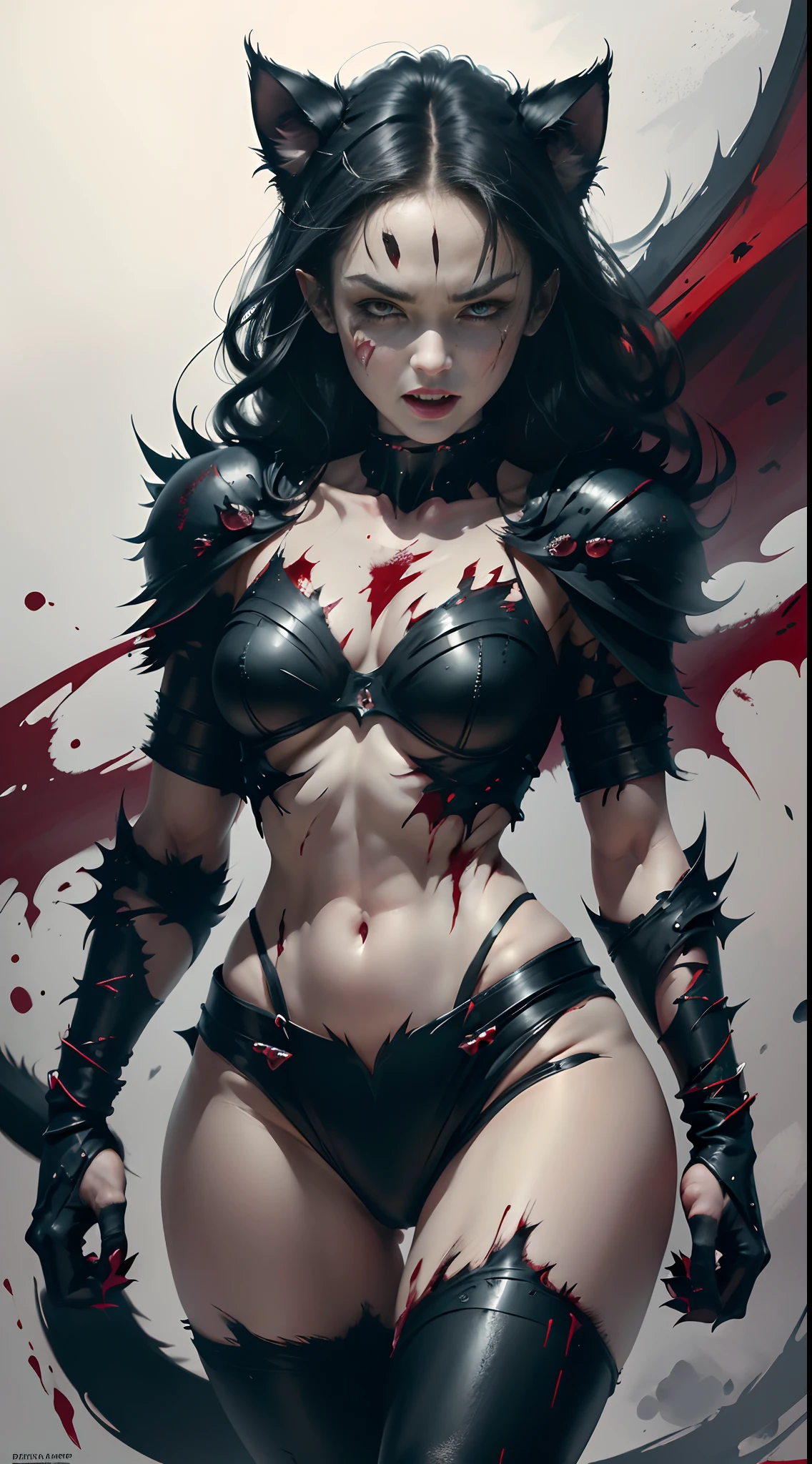 Fierce black cat，Dark red eyes，Close-up of extreme body details,White fangs,Sharp claws，Jump up，blood-stained armor,The armor is tattered,Real scars，Blood dripping,Blood dripped from the corners of the mouth,True blood,Full body like,Prepare for a raid