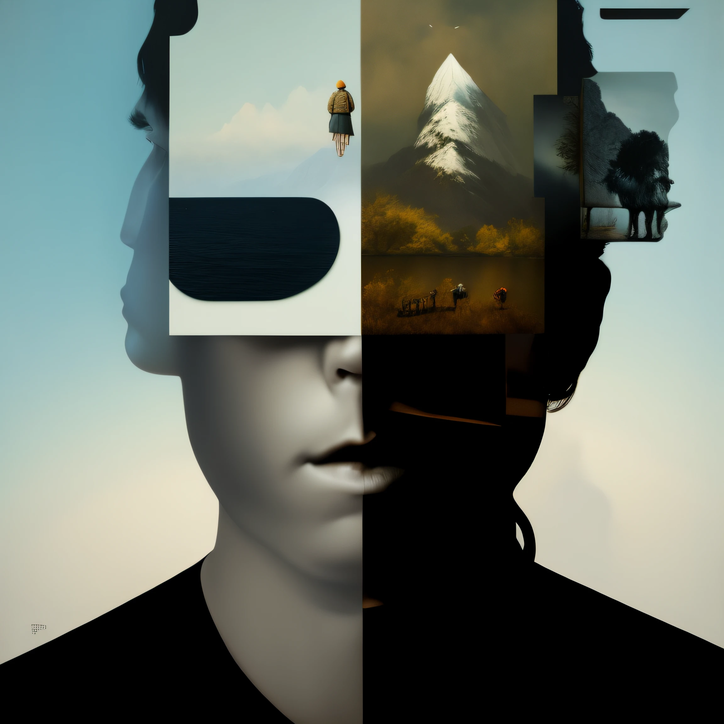There is a man with a picture of a mountain and a lake in his head, Sergei Kolesov, por Robert Peak, por Kurt Roesch, Polilla Frank, Retrato de un chico retazos, Eric Lacombe, A contemporary artistic collage, Surrealismo abstracto, Casey Baugh y James Jean, por Thomas Bock, por Paul Davis, inspirado por Thomas Bock, Anton, ciego