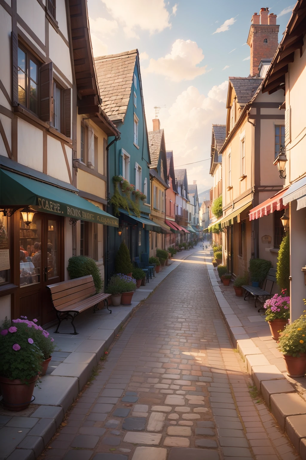 Street scene painted with cafes and benches, quaint village, Thomas Kinkade CFG _ Level 9, french village exterior, Thomas Kinkade CFG _ Scale 8, Inside the French village, tomas kinkade, author：Bernard DeAndrea, author：Arthur Penn, streetview, Pierre Roy, cottage town, countryside city scene, landscape artwork, view over city