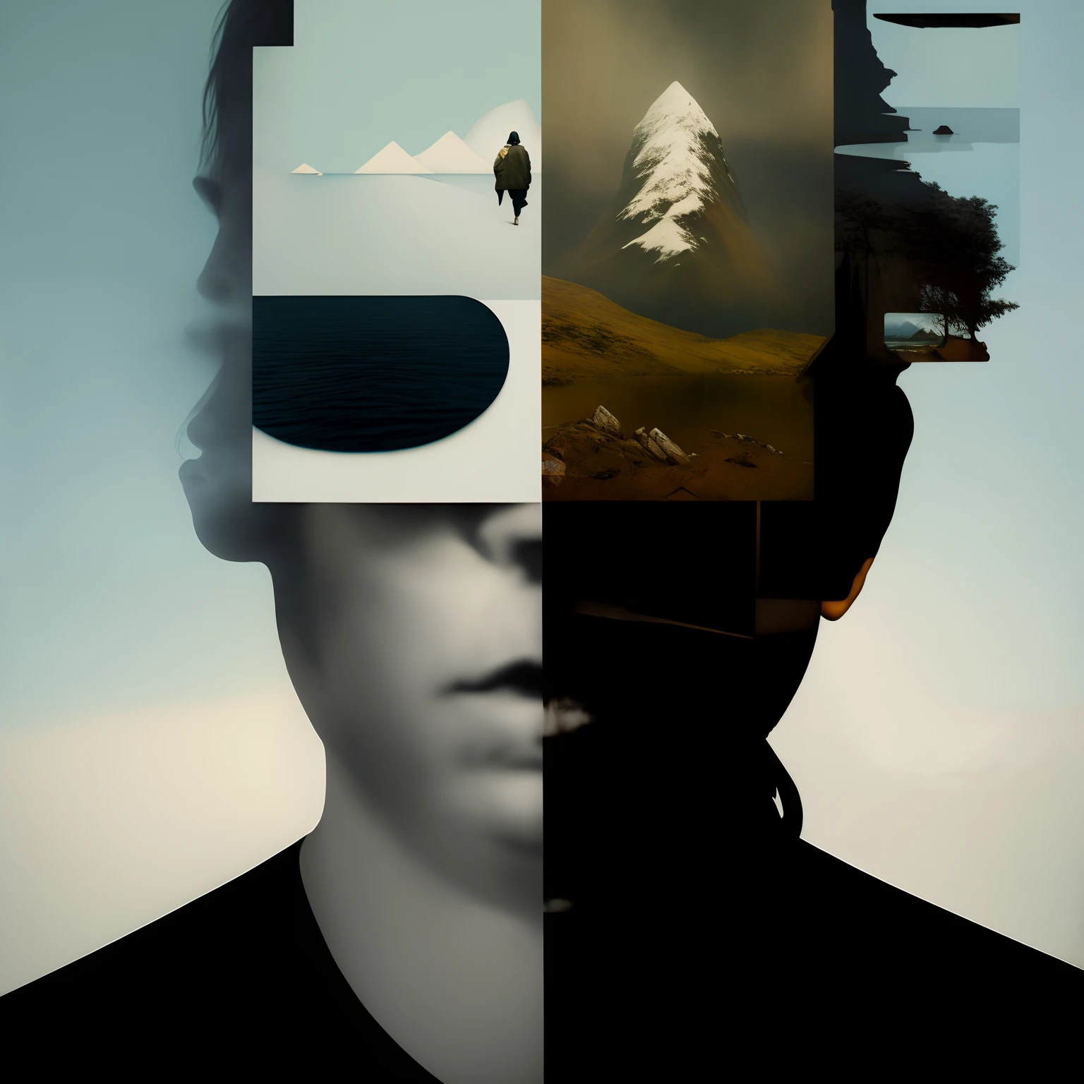 There is a man with a picture of a mountain and a lake in his head, Sergei Kolesov, por Robert Peak, por Kurt Roesch, Polilla Frank, Retrato de un chico retazos, Eric Lacombe, A contemporary artistic collage, Surrealismo abstracto, Casey Baugh y James Jean, por Thomas Bock, por Paul Davis, inspirado por Thomas Bock, Anton, ciego