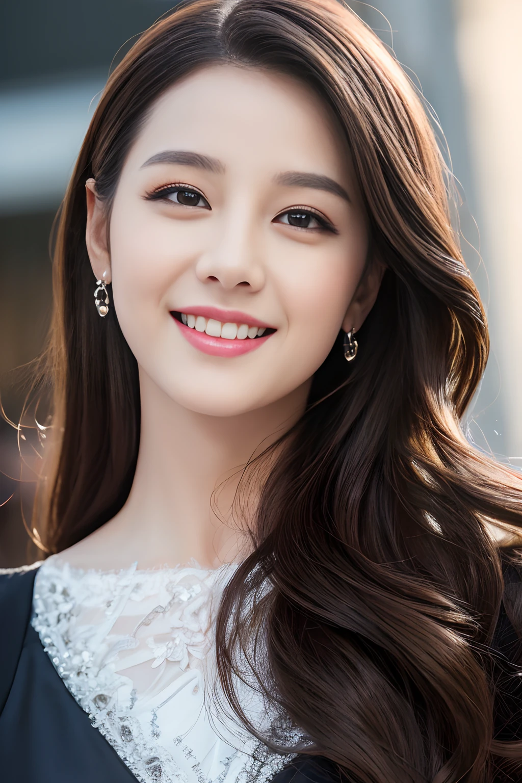 ((Best quality, 8k, Masterpiece :1.3)), 1girl, smiling, full body, slim face, Pretty woman, (Dark brown hair), full length dress :1.1, Ultra-detailed face, Detailed eyes, Double eyelid, blur background, slim face, city, outside, street,