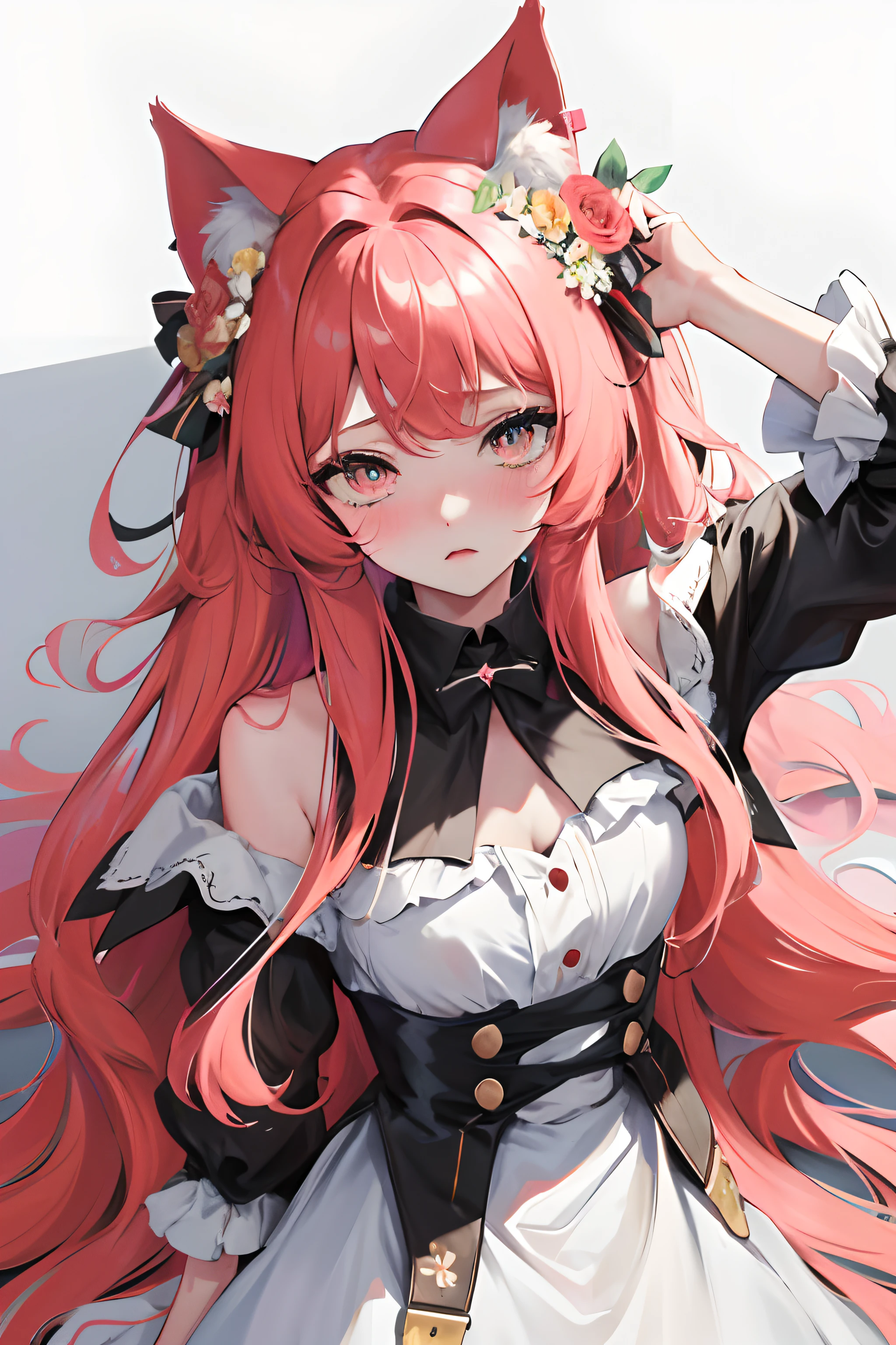 very long hair, flower on head, cat ears, bright pupils, blush, Monet, anaglyph, Fujicolor, outside border, from above, UHD, masterpiece, ccurate, textured skin, 4K, best quality, highres, high quality, UHD, masterpiece, textured skin, highres, best quality, high quality, 4K