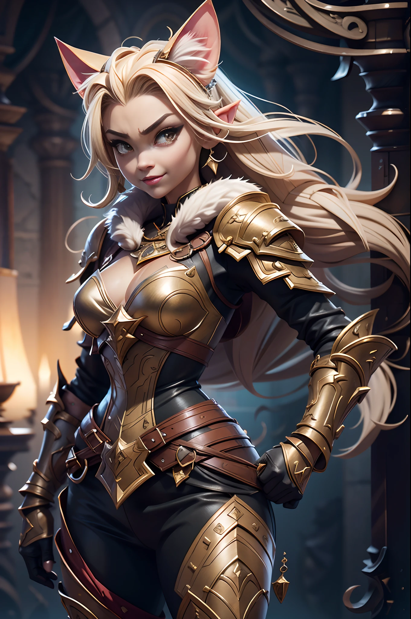 Game character standing drawing design，Disney animation，style of disney animation，Orc female，Cat-eared lady，Leather armor，Fur shoulders，Slim figure，The barefoot，Holding a red dagger，Different layers overlay，Different angles，（Back all over the body：1.4），solid color backdrop，clean backdrop，depth of fields，high light，Real light，Ray traching，OC renderer，UE5 renderer，Hyper-realistic，best qualtiy，8K，Works of masters，super-fine，Detailed pubic hair，Correct anatomy，