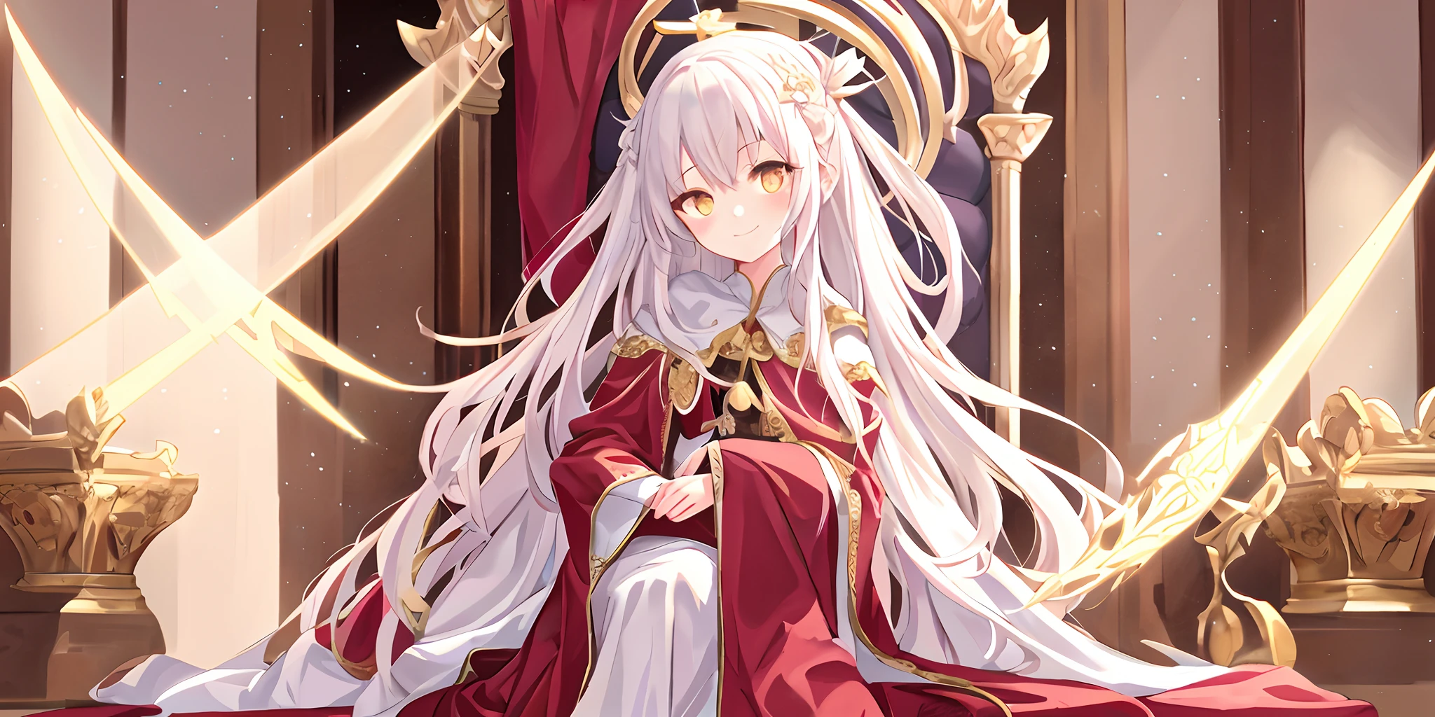 Pope full body,one-girl,Poor milk,On the scepter,Lie down in bed(long white robe,The pattern is complex))red shawl,(cute anime face),Gold eyes,long white hair,ssmile,The halo,(Sit on a low throne),In a magnificent castle,ultraclear