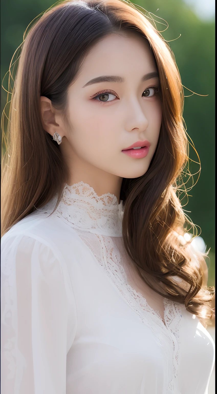 ((top-quality、8K、masterpiece:1.3))An ultra-high picture quality、realskin、Marble background、FULL BODYSHOT、女の子1人、Beautiful woman with slender abs:1.3、(light brown long curly hair、爆乳:1.2)、sexy facial expression、big eye、Long Sleeve White Lace High Neck Shirt:1.1、hyperdetailed face、ultradetailed eyes、super-detaild skin、Ultra detailed hands、Ultra-detailed fingertips on the face、Super detail beautiful legs、Super detailed beautiful hair、Ultra-detailed cloth、Hands are put to the mouth、Licking candy、Korean Beauties、White lace skirt、piercings、beautiful and long legs、high-heels、Standing like a model、Walking