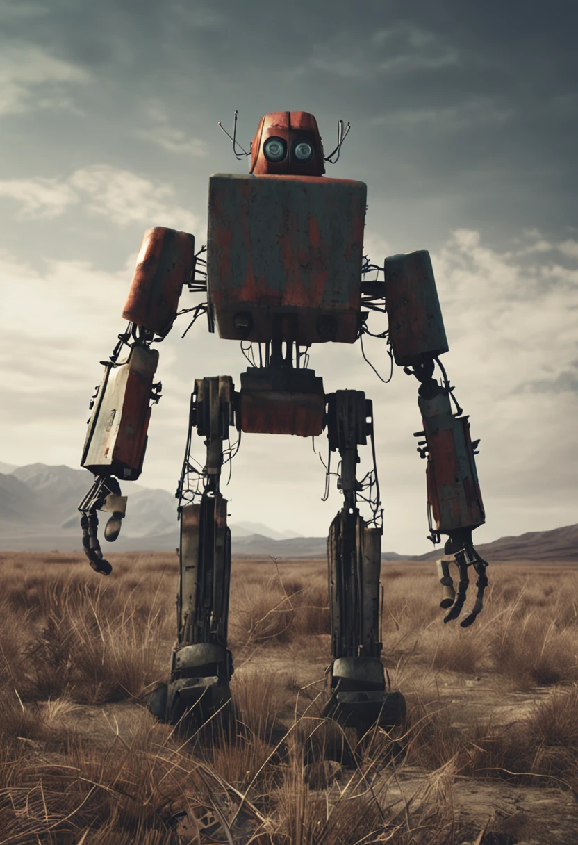 A broken robot was roaming aimlessly across the plains，As if looking for something，The background is dark and depressing，dark art，Top angle of view