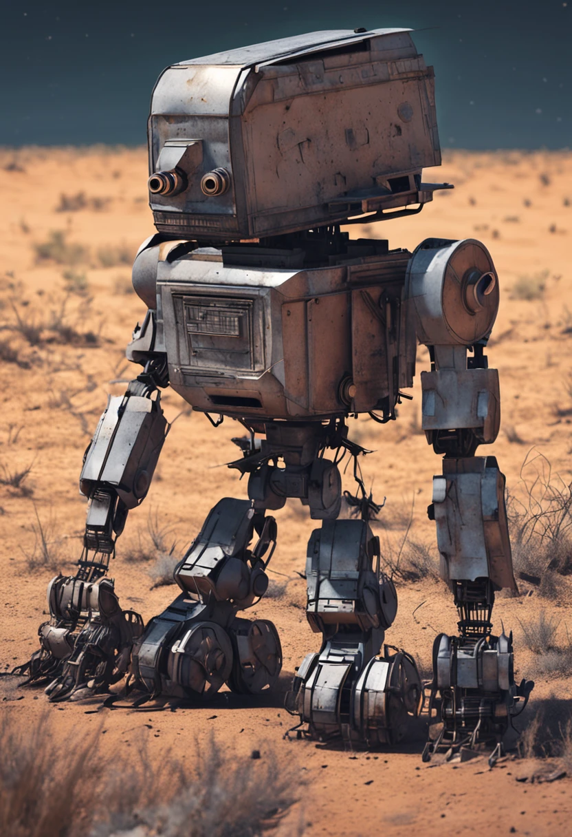 A broken robot was roaming aimlessly across the plains，As if looking for something，The background is dark and depressing，dark art，Top angle of view