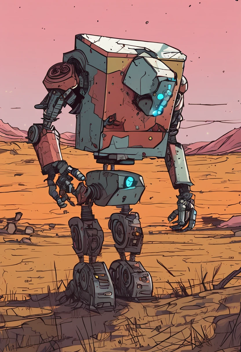 A broken robot was roaming aimlessly across the plains,As if looking for something,The background is dark and depressing,dark art,Top angle of view