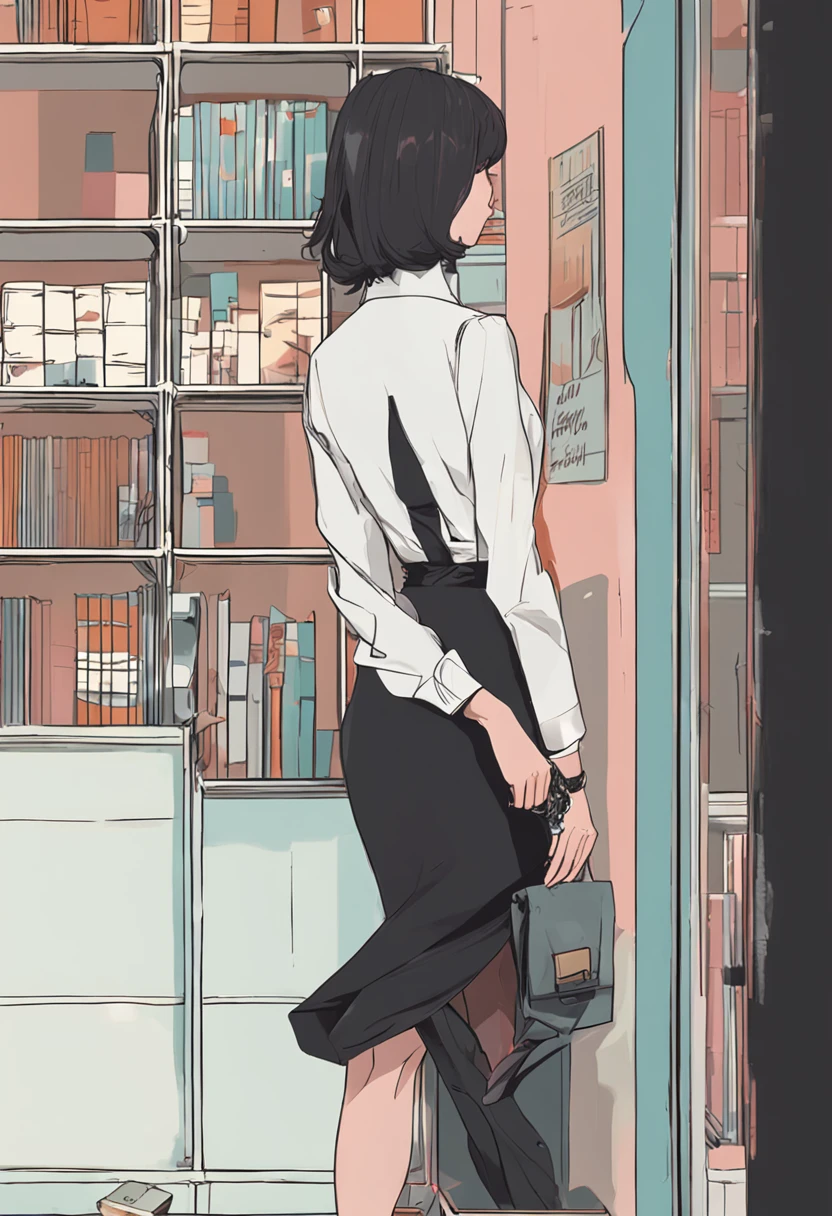 Short hair, white-collar workers,Long black suit,Black professional hip skirt,black lence stockings,Stand upright and look back