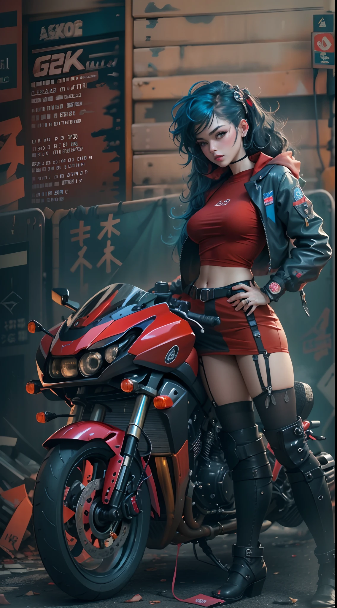 motor irreal:1.4,CG ultra realista 64K, fotorrealista:1.4, textura de la piel:1.4, obra maestra:1.4,posing behind Beautiful woman with doll lingerie、Ropa corta estilo cyberpunk color amarillo, pantimedias red , Mini falda azul,