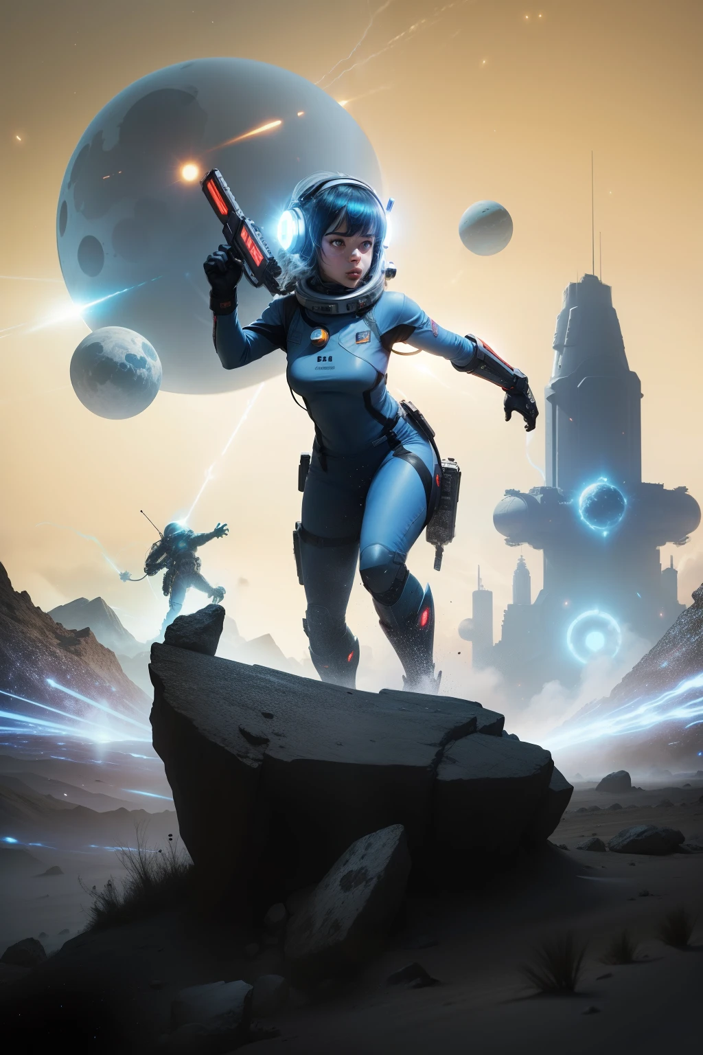 space war scene space girl laser monsters