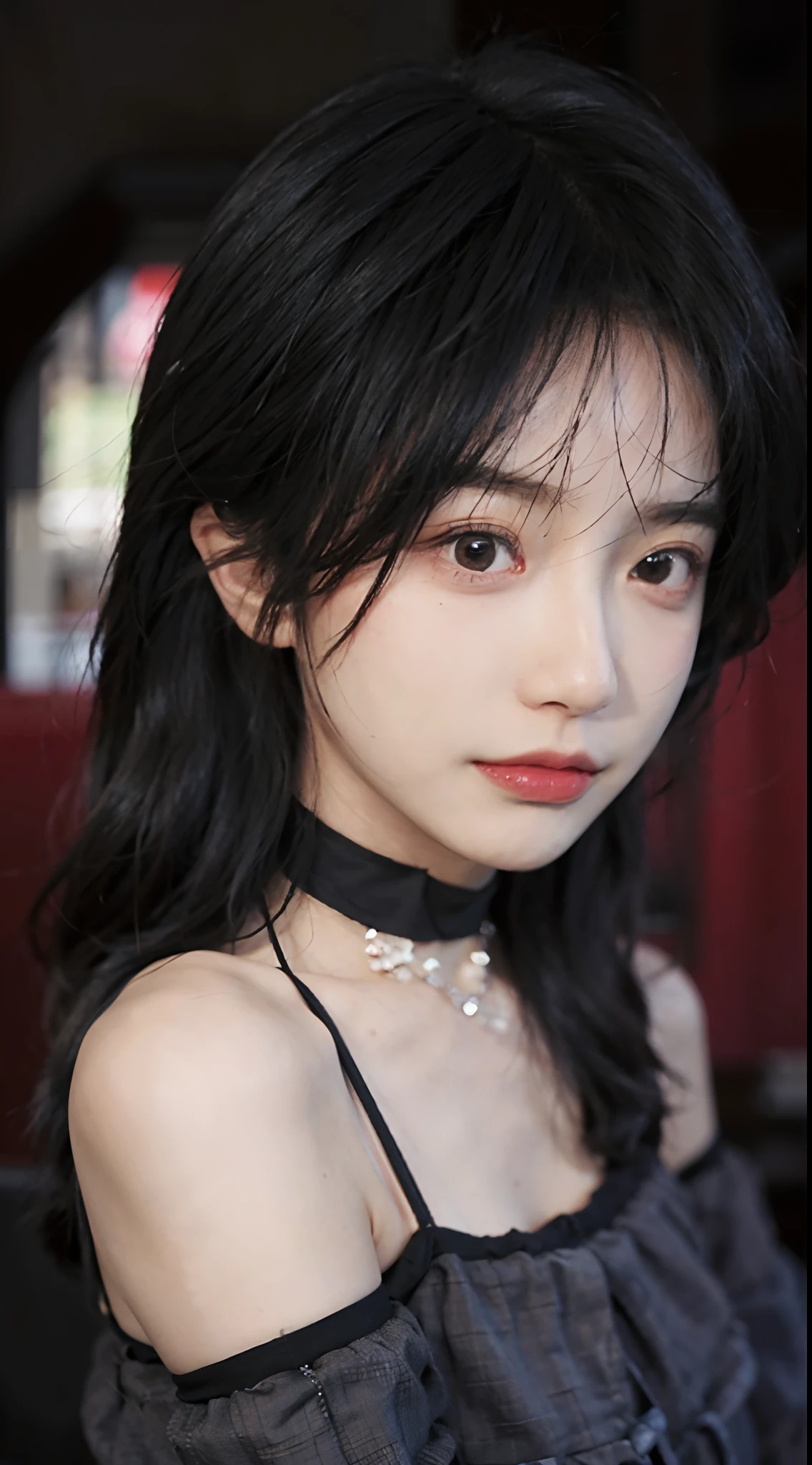 best qualtiy， 超高分辨率， （realisticlying：1.4），Baoyu Girl，1girll, with long coiled hair，Bring a black mask，Looking into the distance，nedium breasts，cute clothing，a sense of atmosphere，Beautiful woman with a slim figure:1.4, Ultra-fine face，Elaborate Eyes，二重まぶた，choker necklace