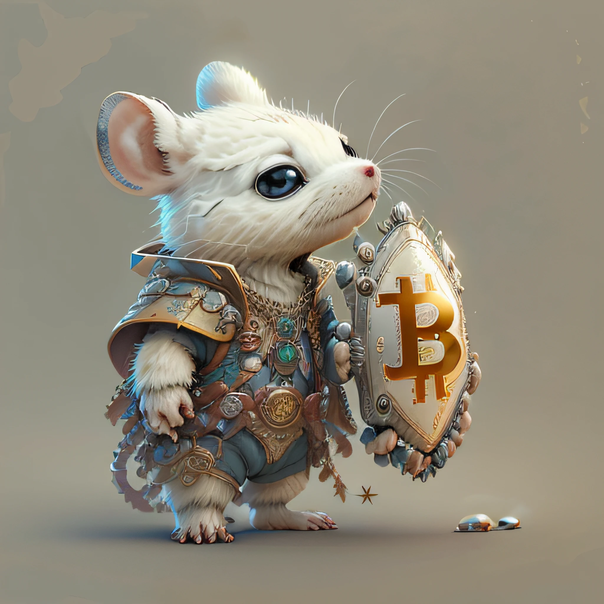 White mouse,light background,lovely,fantasy,intricate detail,clear pubic area,brilliant,shield with bitcoin symbol,32k zodiac