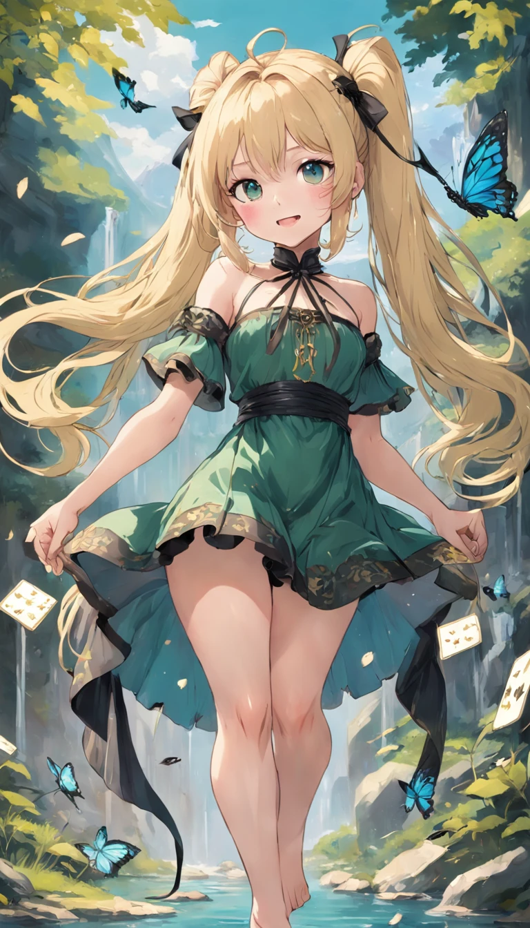Blonde girl with double ponytail,green color,Faint blue eyes,Black belly,Bare legged,Delicate and sophisticated dress,Tarot cards in hand,Stick out her tongue,Smile playfully,full bodyesbian,The calves are tied with ribbons,Butterflies flutter around,Treading barefoot in the water