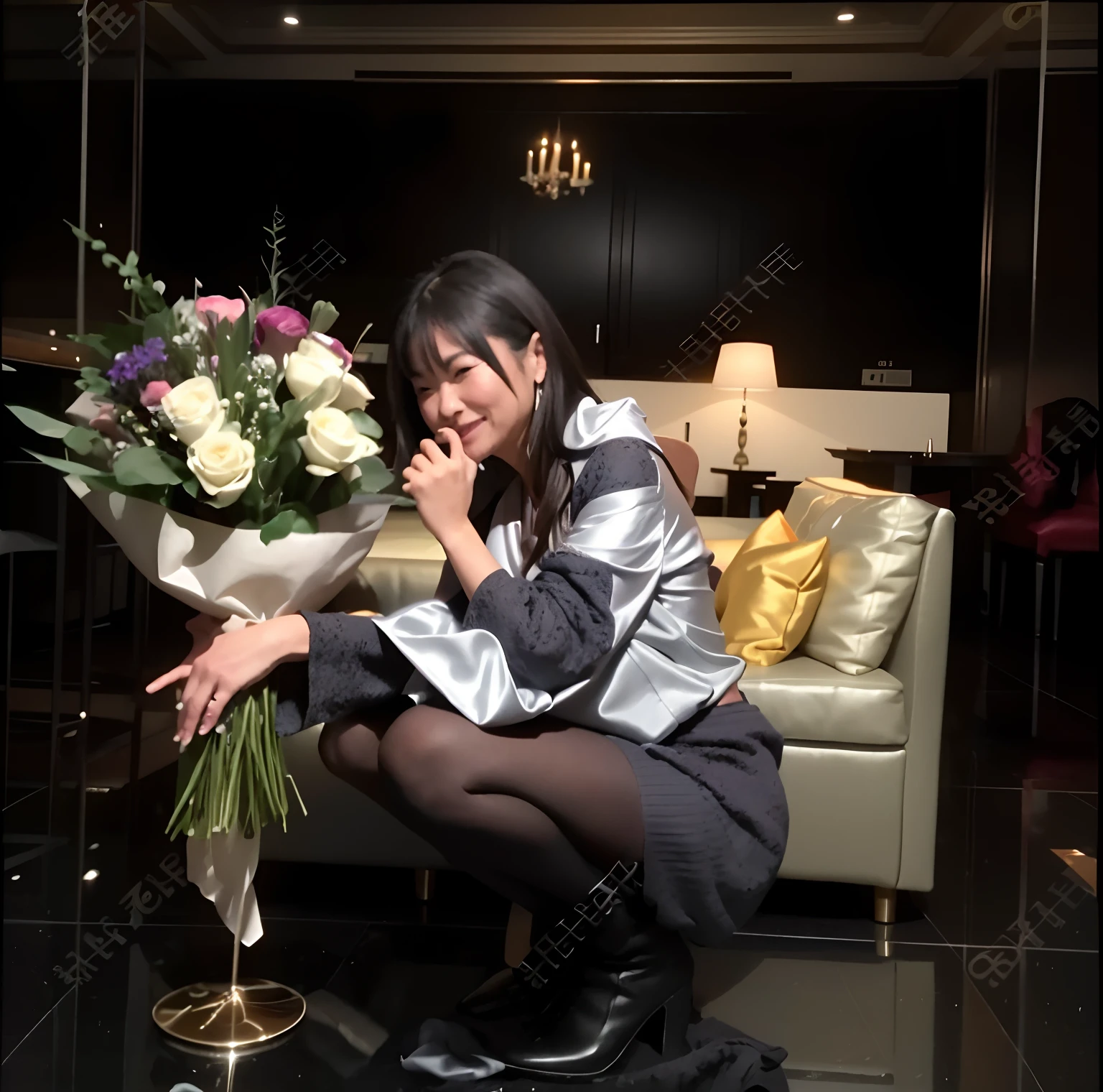 The Alafi woman sat on the sofa，Woman smiles，holds a bouquet of flowers, 8K 50mm ISO 10, exclusive, With flowers, Yoshitomo Nara, taken in 2 0 2 0, upscale photo, in a silver silk robe, product introduction photos, photoshoot, sitting with flowers, taken with canon eos 5 d mark iv, Official