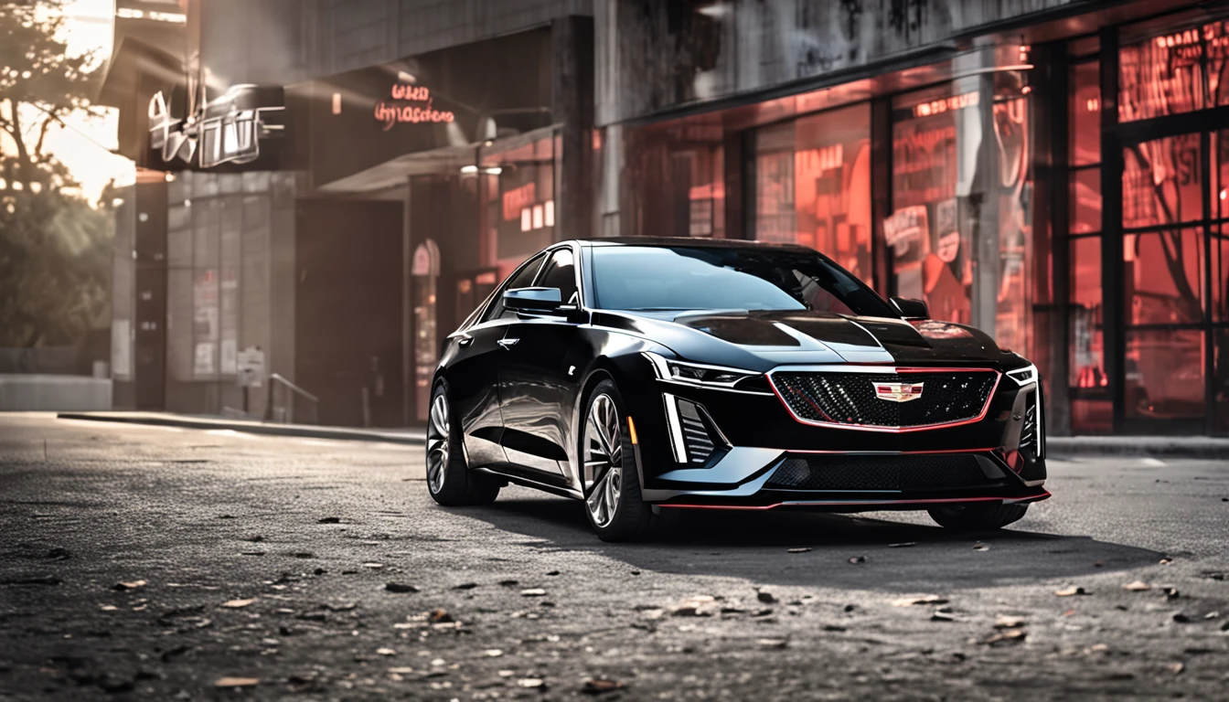 A Cadillac CT4,Silvertone,With Black Wing Modification Kit,Red calipers,The front center net has the Cadillac logo,Highlight the Cadillac CT4 series,Movie wallpaper 4k, Movie 4k wall,Highlight the details,Highlight the tear lamp of the Cadillac CT4