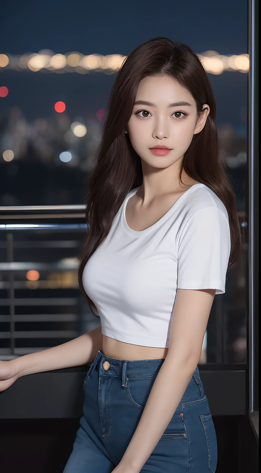 ((Midnight, Best quality, 8k, Masterpiece :1.3)), Whole body, Long legs, Sharp focus :1.2, A pretty woman with perfect figure :1.4, Slender abs :1.1, ((Dark brown hair, medium breasts :1.2)), (White tight tshirt, Jean bib, Standing:1.2), ((Night city view), Highly detailed face and skin texture, Detailed eyes, Double eyelid