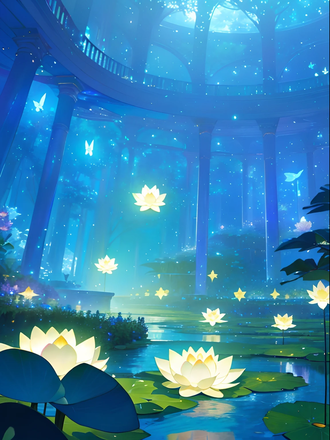 (top quality, masterpiece, ultra-realistic), night, starry skies, magical indoor botanical garden, dome, sparkling bioluminescent river, lots of flowers, lotus, glowing butterflies, background landscape is a garden with petals and papas flying around. --v6