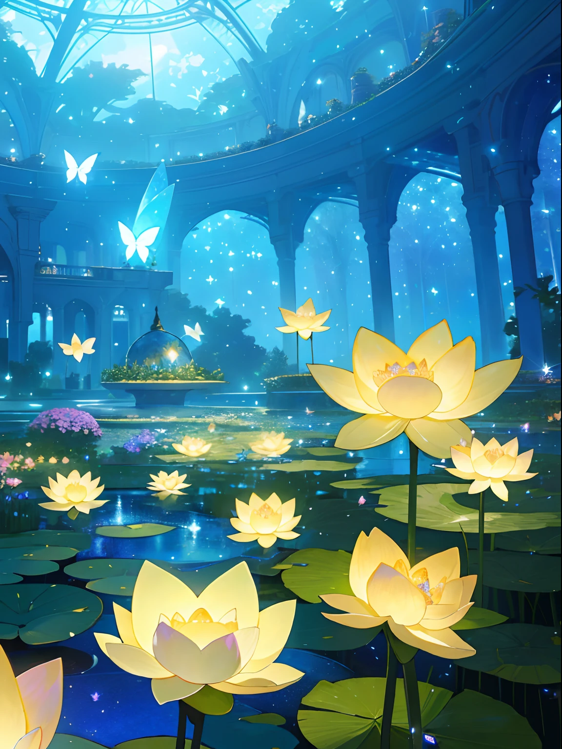 (top quality, masterpiece, ultra-realistic), night, starry skies, magical indoor botanical garden, dome, sparkling bioluminescent river, lots of flowers, lotus, glowing butterflies, background landscape is a garden with petals and papas flying around. --v6