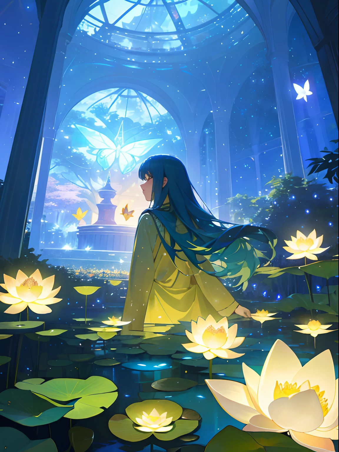 (top quality, masterpiece, ultra-realistic), night, starry skies, magical indoor botanical garden, dome, sparkling bioluminescent river, lots of flowers, lotus, glowing butterflies, background landscape is a garden with petals and papas flying around. --v6