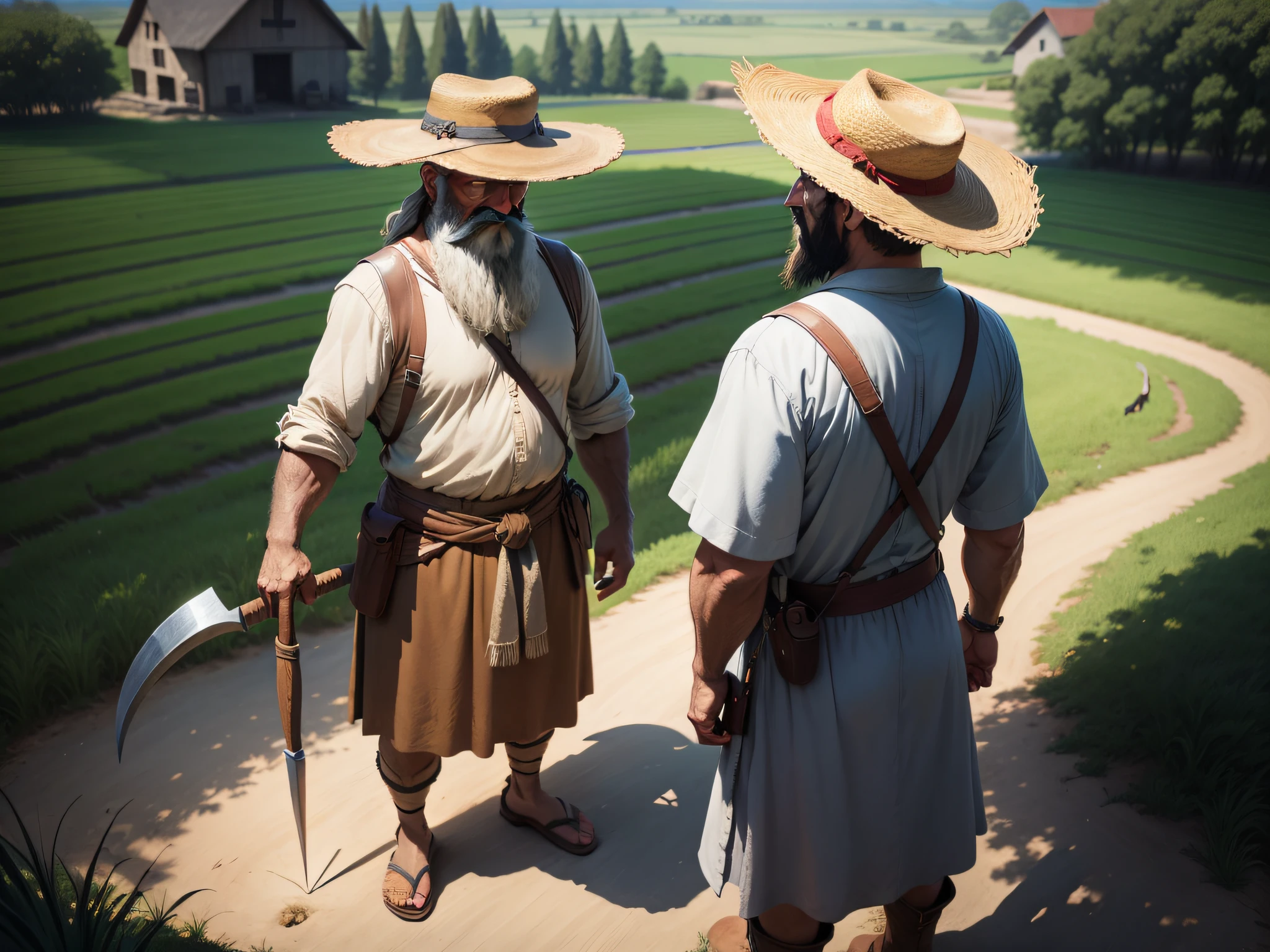 The bearded peasant uncle wears a straw hat，HOLDING A SICKLE，Back Shadow，Standing in the farmland