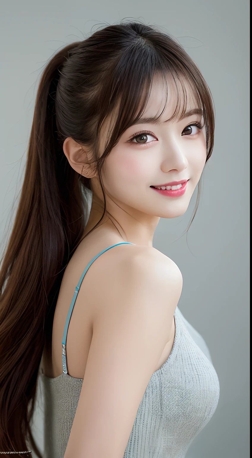 A young woman with shoulder-length, wavy brown hair tied in a loose ponytail、She is wearing a red off-the-shoulder dress。Close the、With a big smile。Her cheeks were slightly red.、Mouth open and smiling happily。Her expression shows pure joy and happiness.。Have a naturally glowing skin。The background is softly lit、Creating a warm and comfortable atmosphere。The overall mood is、It&#39;s bright and calm。Please use photo-realistic images。eye