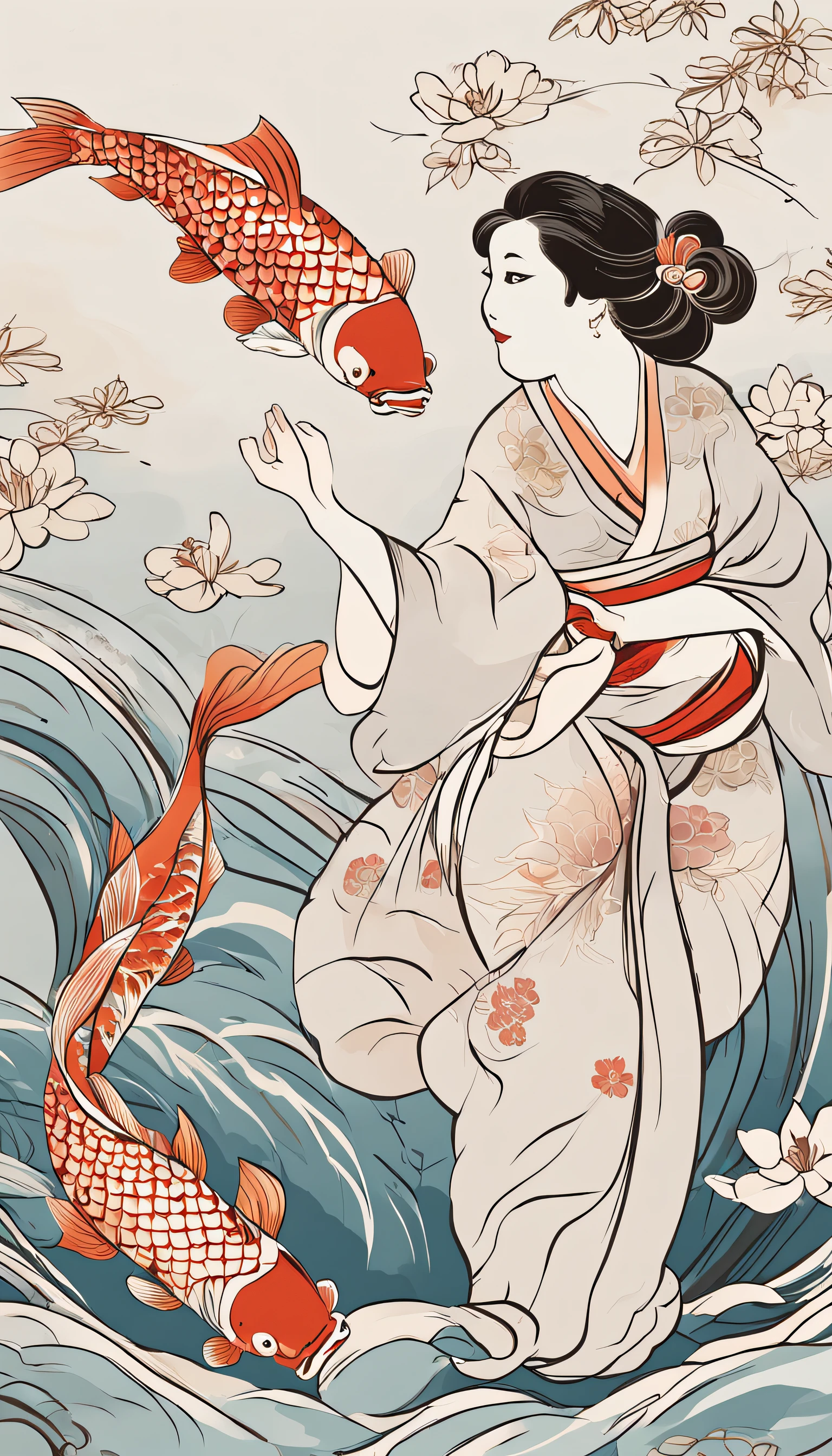 ((jumping koi fish), jumping carp, Woman looking at carp with calm expression)::style Ukiyo-e style ::style Katsushika Hokusai-fu ::Style pot stone ::style Ink painting harmony、Masterpieces