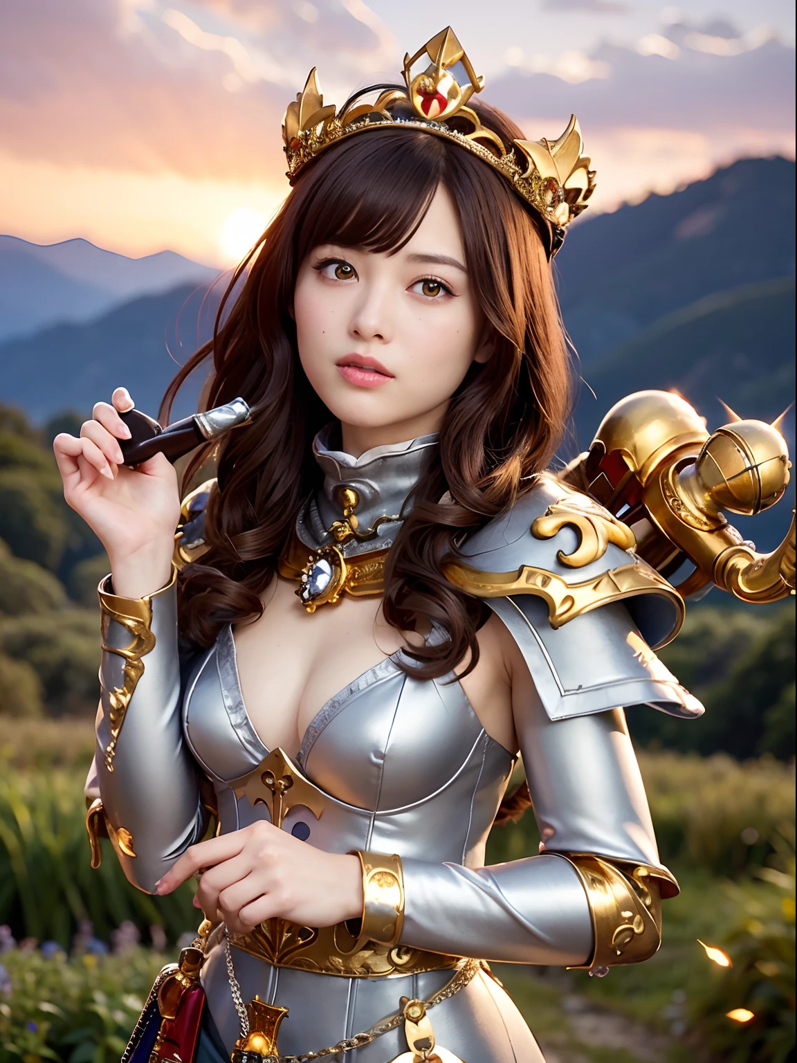 Professional , masterpiece、top-quality、photos realistic , depth of fields (Gemstone Silver Metal Body:1.9),(Matte Silver、Jewel Gold Weapon、(Gorgeous castle background)、(Jewel White Metal Body:1.4),((Gorgeous Jewel Metal Weapons)) , ((Holding the Sword of Heroes)) ,(close-up,dream magical,tornado ) ,(Micro Bikini Armor),warhammer 40k , adepta sororitas,Detail and ornate jewel crown、Brown hair、(Gangle's forest background)、1a person、dynamic ungle,(((Diamond tiara with detail and luxury)))、a small face、A smile、Powerful poses、(Gorgeous castle background)、huge filesize、20 year old beautiful woman、Stand in the center of the screen、Thin female fingers、Straight long hair、Beautiful Caucasian beauty、Mystical expression、Lightly open your mouth、,Luminescent particles,light scattering,Tindall Effect、Fighting、japanes、
