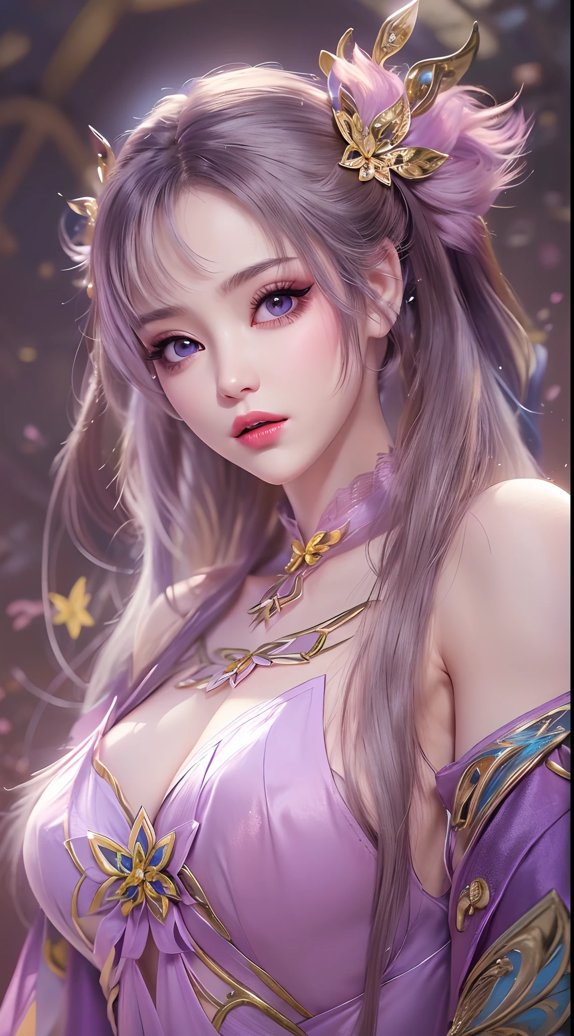 1 20 year old girl, 1 goddess Athena, pink purple silk dress, beautiful goddess Athena face without blemishes, delicate yellow nightgown, long thin sequin nightgown with many sexy black lace details, female saint legend, female saint icon, beautiful goddess style glitter, dark and mysterious version, vermilion lips, plump red lips, not smiling, mouth closed, detailed and delicate images beautifully, delicate and beautiful lip detail, (pure and flawless face: 1.9), female saint body, big boobs, Breast augmentation, breasts are round and regular, phoenix brooch, long flat bangs, ((double ponytail: 0.9)), flower stickers tattoo on forehead, beautiful clear face and well-proportioned eyes, (light purple eyes: 1.8), (big round eyes and makeup, sexy wet eye makeup, very beautiful and meticulous hair makeup, long and delicate blonde hair, delicate, body image: 1.8), figure: and vivid, (stars that make up the sky: 1.7), (the sky of heaven and the fictitious gate of time and space: 1.8), fictional art, RAW photos, hanfu photos, best photos, high resolution, best quality, best photos, best goddess quality, 8k female, super 8 single saint portraits, truest color schemes, masterpieces, best beauty brands, best hair jewelry, brand real photo, dark studio, border light, two-tone lighting, (rose white skin: 1.4), (high skin detail: 1.1), 8k uhd, d slr, soft light, 8k, high quality, candid, volume Smooth and sharp, 10x pixel increase, sexy goddess, sexy goddess, (background space: 1.8), (most beautiful aurora eyes: 1.7), beautiful eyes, aurora beautiful and flowery, (beautiful single girl: 1.8), (more details:0.8),