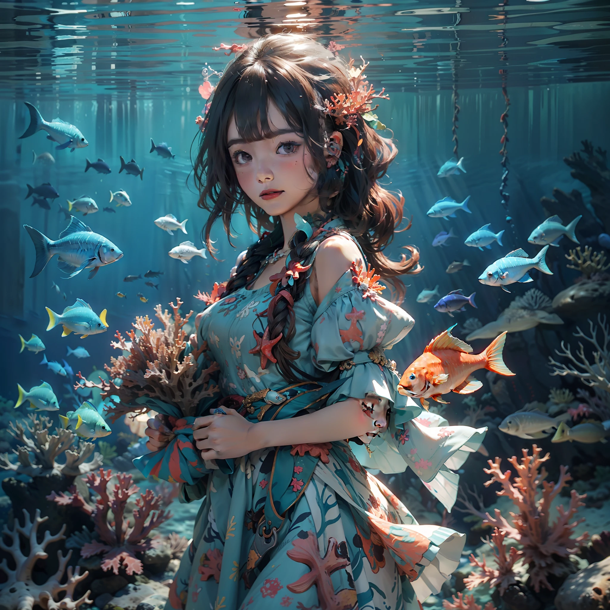 (ocean floor、Marine life、Beautiful coral reef、The fish),Messy painting style,Hair flows in water