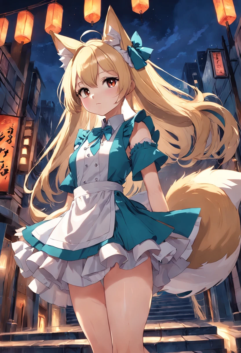 blond hairbl,Fox Ear Lady,the maid outfit,teens girl,quadratic element