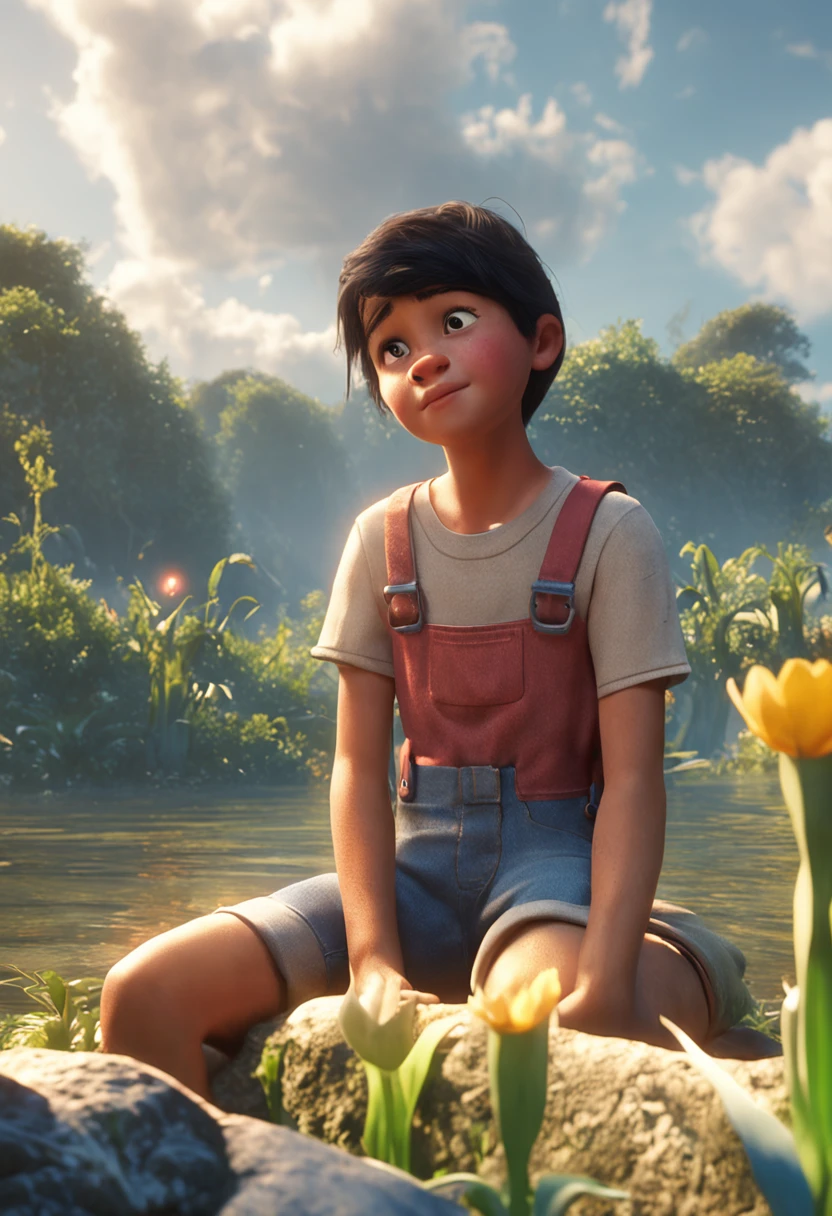 movie picture quality，Disney animation，Disney animated films，A  girl swimming in the sky sitting on a koi，Short hair and small braids，Denim suspenders，The barefoot，depth of fields，high light，Real light，Ray traching，oc rendered，Hyper-realistic，best qualtiy，8K，Works of masters，super-fine，Detailed pubic hair，Correct anatomy，sharp focus on eyes，Bokeh，Facial features are carefully depicted