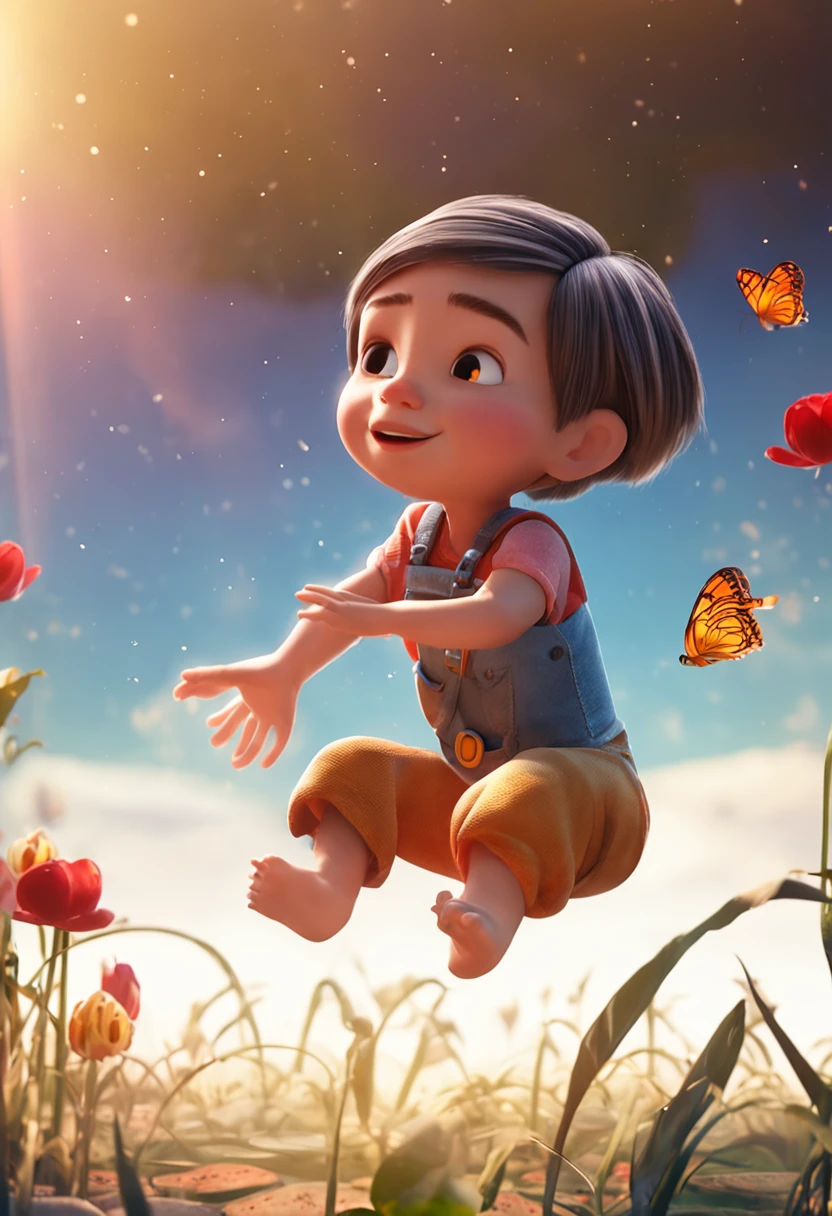 movie picture quality,Disney animation,Disney animated films,A girl swimming in the sky sitting on a koi,Short hair and small braids,Denim suspenders,The barefoot,depth of fields,high light,Real light,Ray traching,oc rendered,Hyper-realistic,best qualtiy,8K,Works of masters,super-fine,Detailed pubic hair,Correct anatomy,sharp focus on eyes,Bokeh,Facial features are carefully depicted