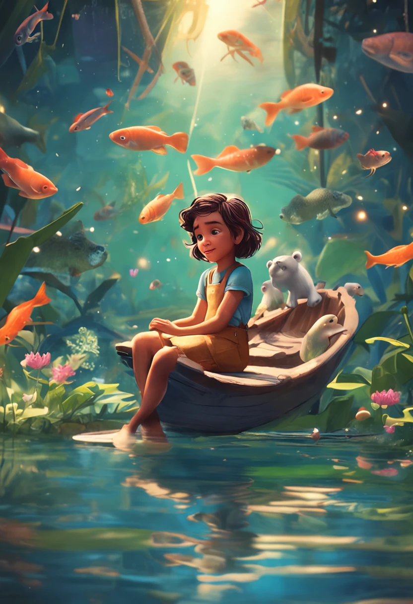 movie picture quality,Disney animation,Disney animated films,A girl swimming in the sky sitting on a koi,Short hair and small braids,Denim suspenders,The barefoot,depth of fields,high light,Real light,Ray traching,oc rendered,Hyper-realistic,best qualtiy,8K,Works of masters,super-fine,Detailed pubic hair,Correct anatomy,sharp focus on eyes,Bokeh,Facial features are carefully depicted