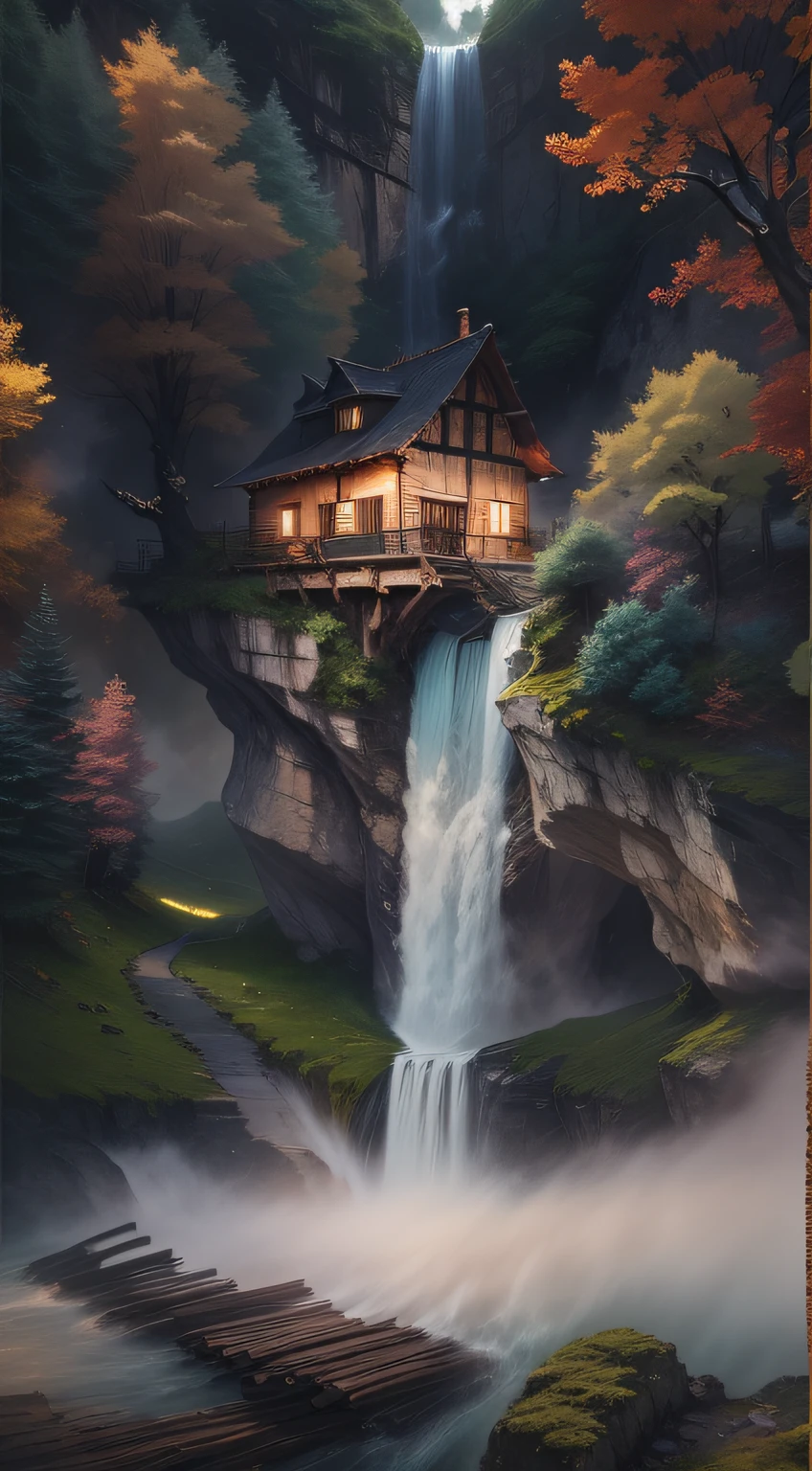 Deep in the mountains,A waterfall falling from the sky,Huge tree,Top wooden house,Rolling clouds,Morandi color grading,