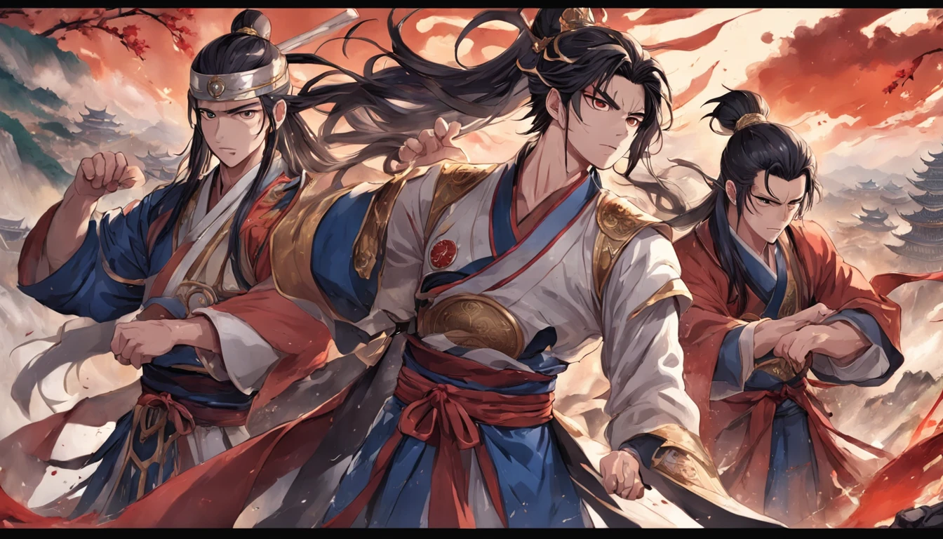 Three handsome and mighty men in the Three Kingdoms of Eastern China，Stand hand in hand，Their eyes revealed determination and determination。It was surrounded by a ruined landscape，Symbolizes Dong Zhuo's tyranny。Presented in Manhua style。