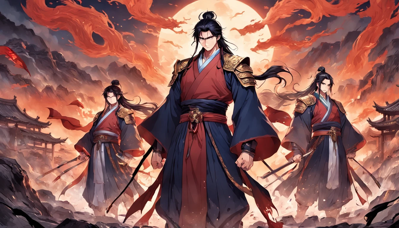 Three handsome and mighty men in the Three Kingdoms of Eastern China,Stand hand in hand,Their eyes revealed determination and determination。It was surrounded by a ruined landscape,Symbolizes Dong Zhuo's tyranny。Presented in Manhua style。