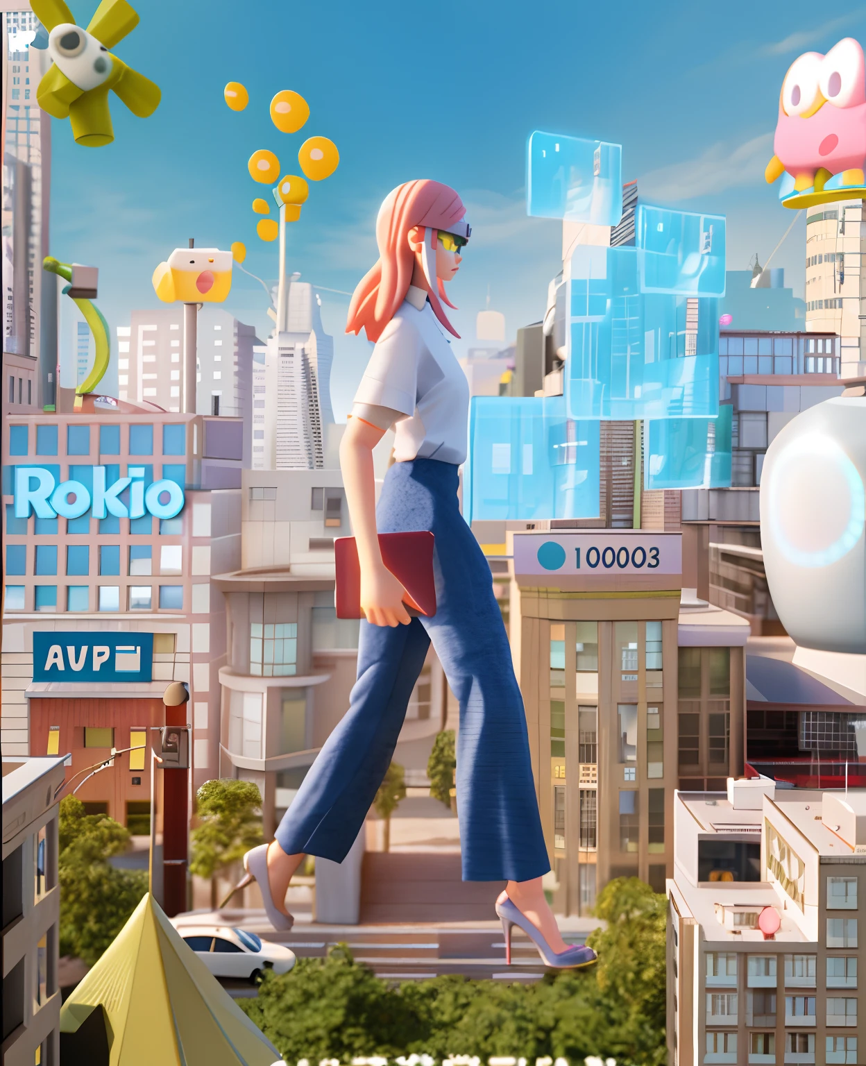 Anime girl walking city streets with mobile phone, promotional render, pop japonisme 3 d ultra detailed, tokio futuristic in background, 3D model of a Japanese mascot, anime robotic mixed with organic, animation style render, Rolands Zilvinskis 3D rendering art, kawaii hq render, film promotional image, promotional art, corporate animation style, Commercial illustration